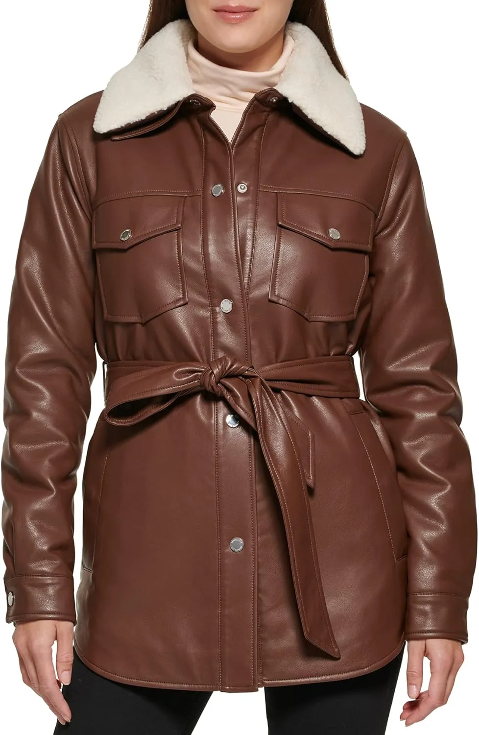 Kenneth Cole Women's Modern Updated Shacket Belted Trench Faux-Leather