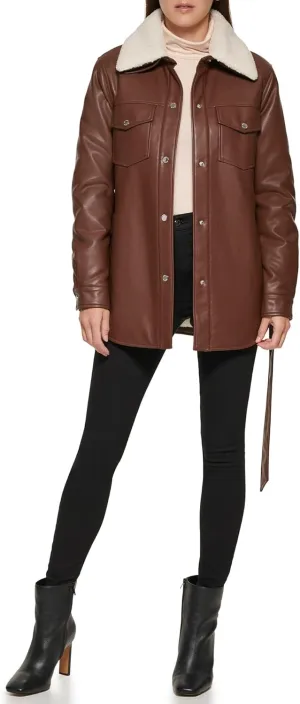 Kenneth Cole Women's Modern Updated Shacket Belted Trench Faux-Leather