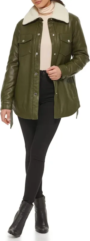 Kenneth Cole Women's Modern Updated Shacket Belted Trench Faux-Leather