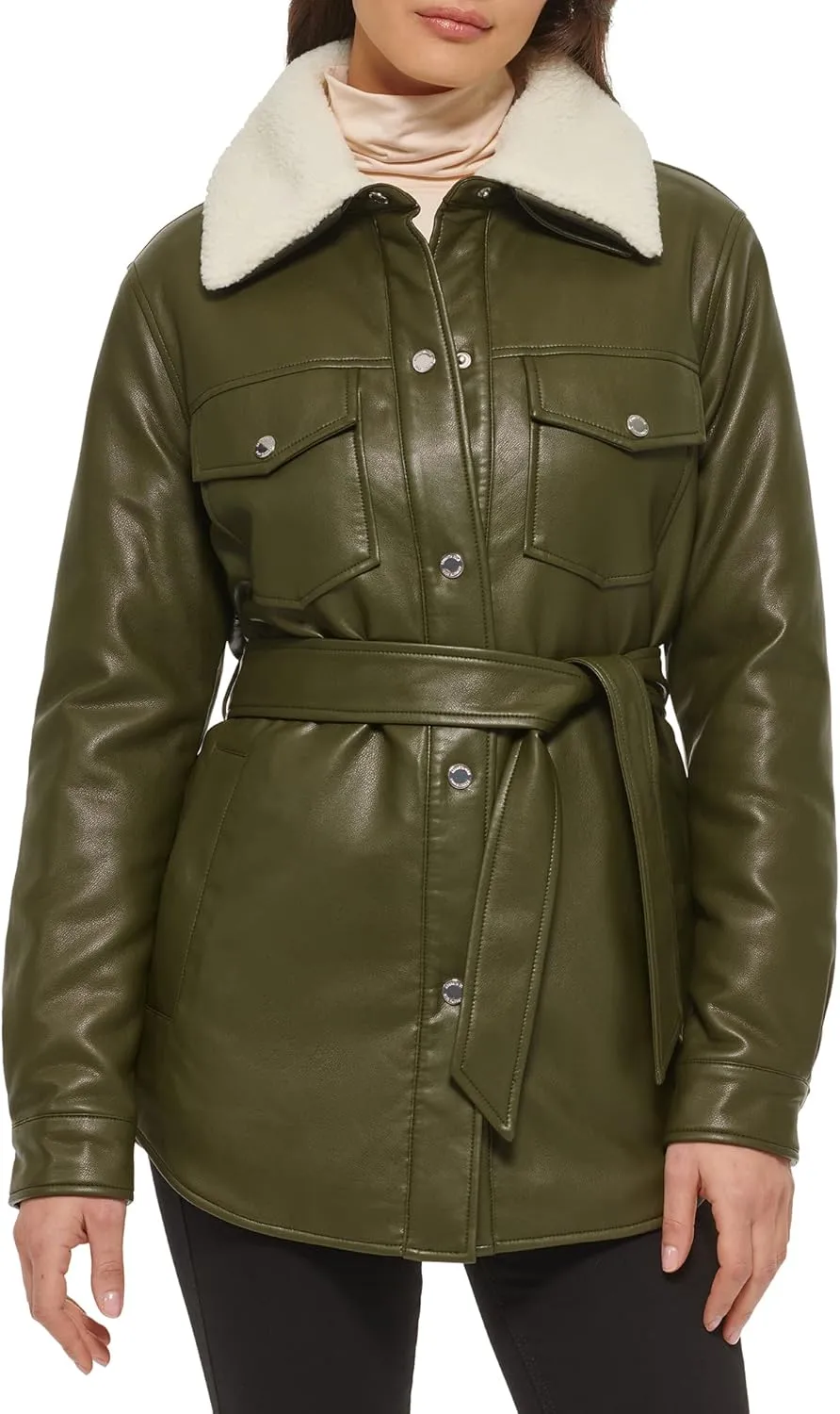 Kenneth Cole Women's Modern Updated Shacket Belted Trench Faux-Leather