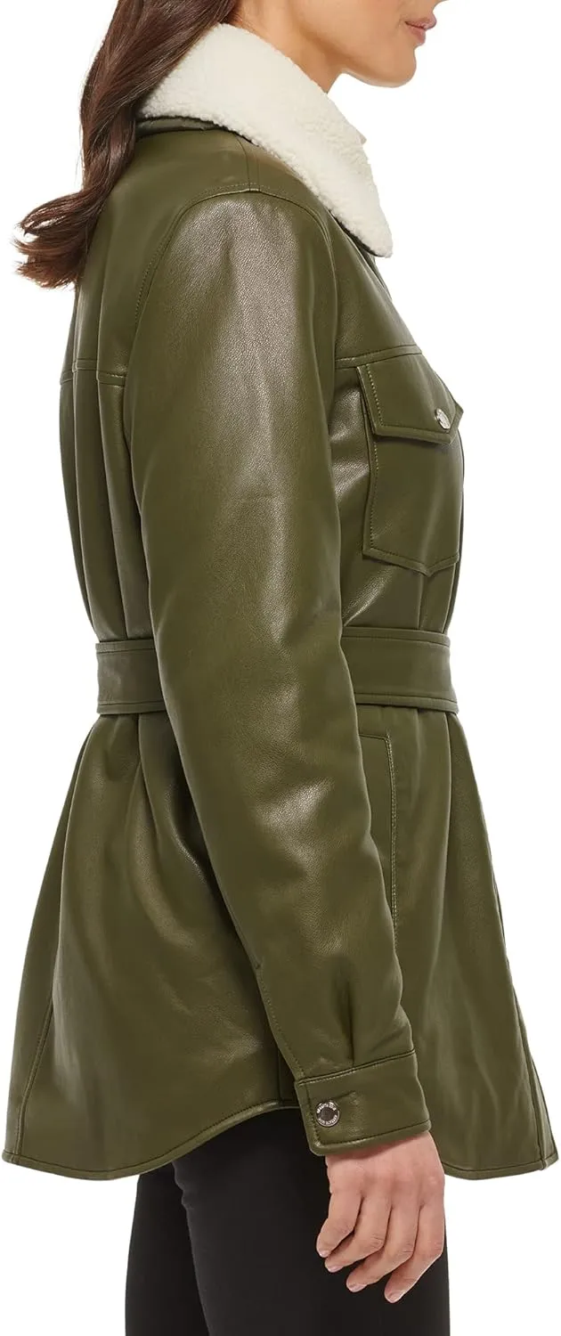 Kenneth Cole Women's Modern Updated Shacket Belted Trench Faux-Leather