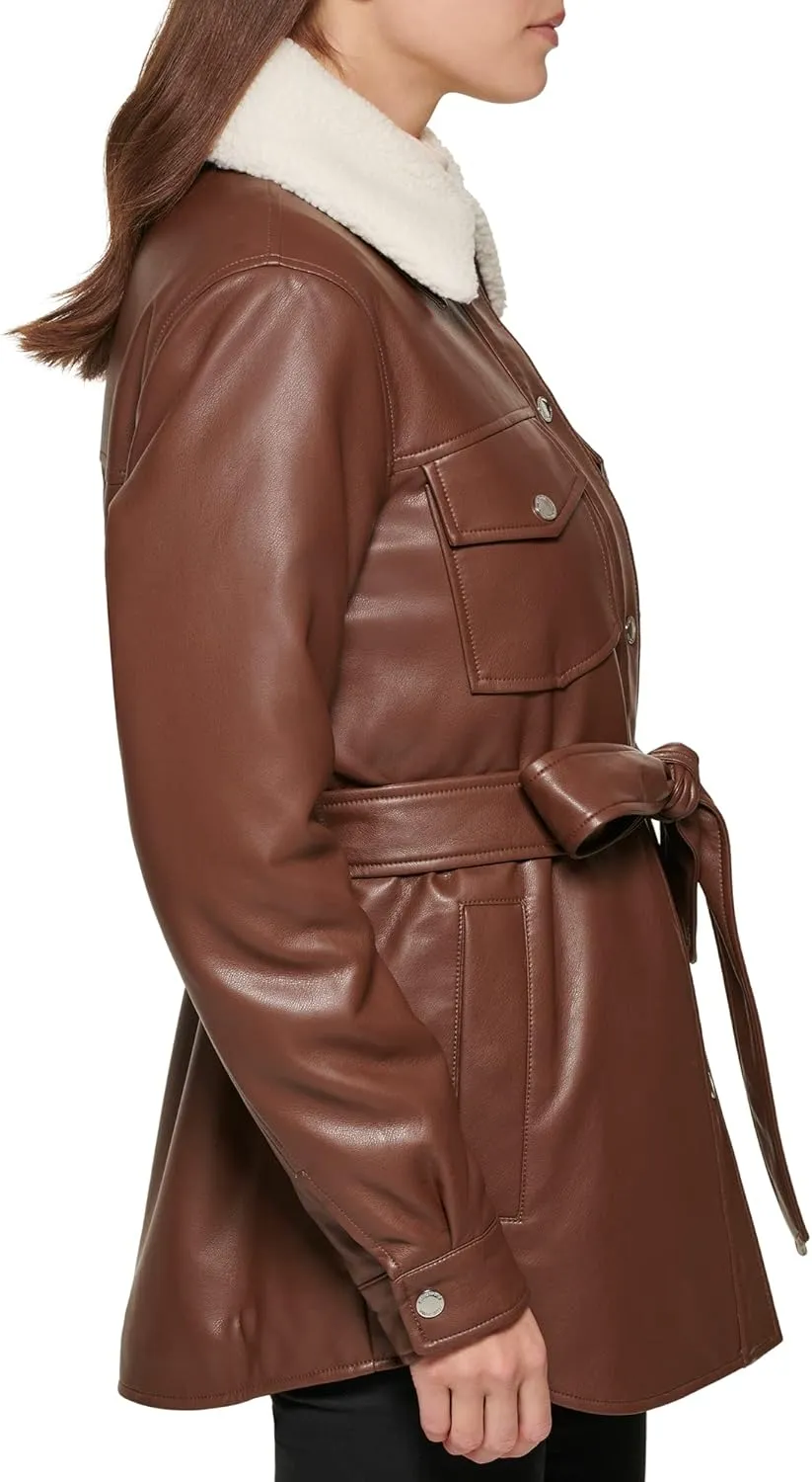 Kenneth Cole Women's Modern Updated Shacket Belted Trench Faux-Leather