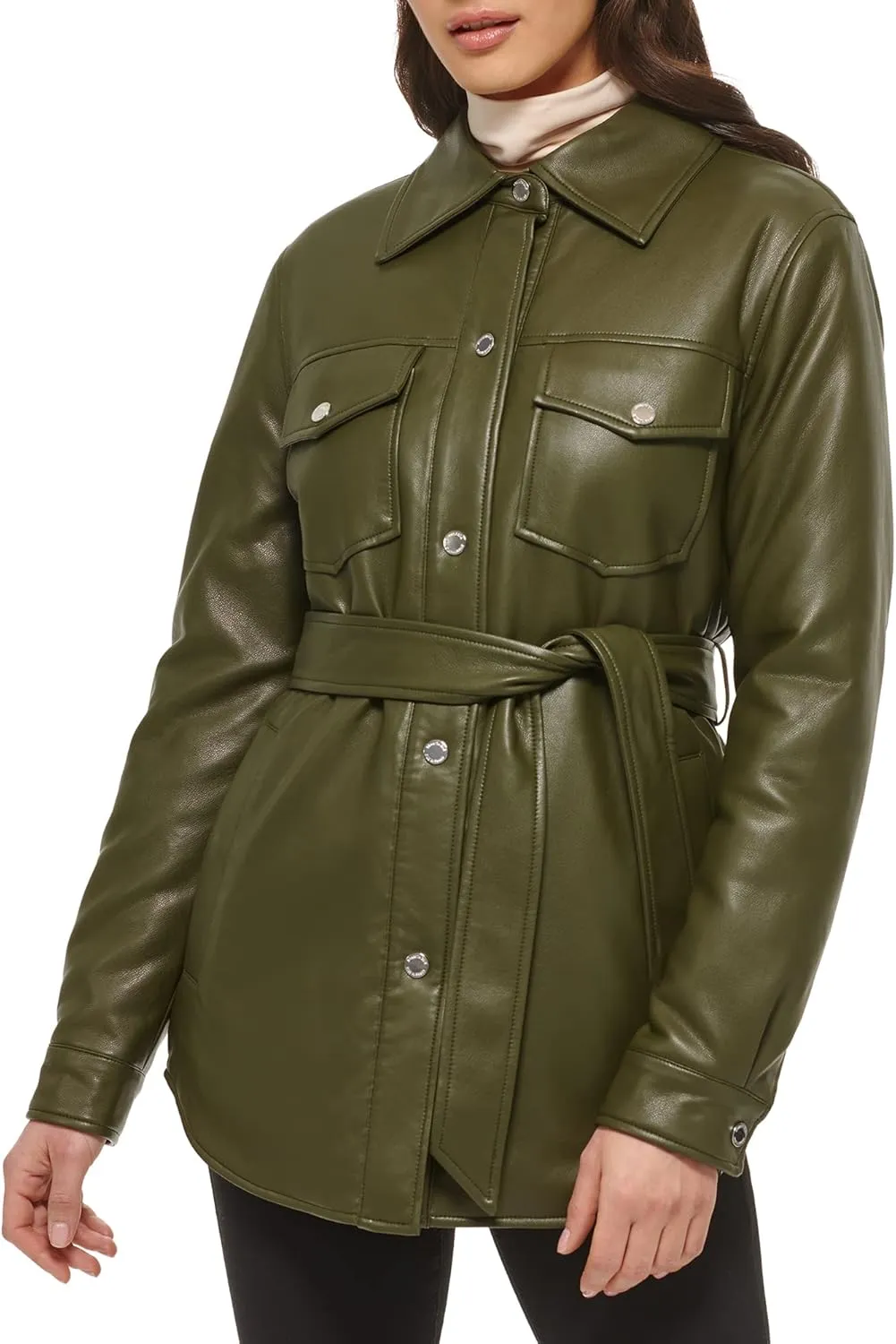 Kenneth Cole Women's Modern Updated Shacket Belted Trench Faux-Leather