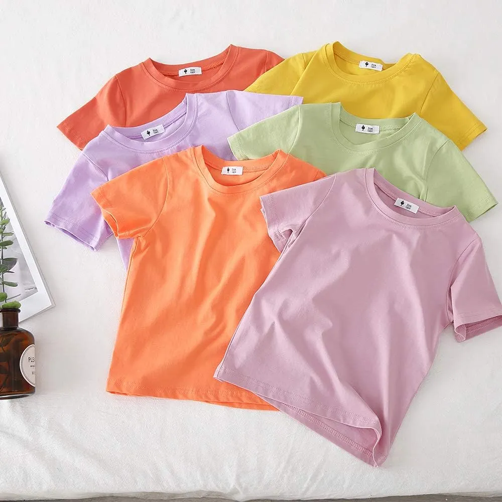 KISBINI Little Girls Boys Short Sleeve T-Shirt Cotton Solid Tees for Toddlers
