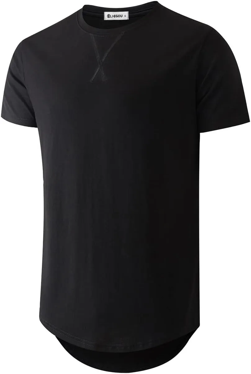 KLIEGOU Mens 100 Cotton Hipster Hip Hop Longline Crewneck T-Shirt Pre - Shrunk S-4XL