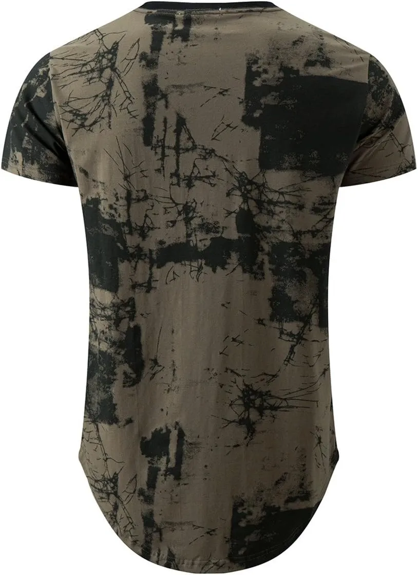 KLIEGOU Mens Hipster Hip Hop Ripped Round Hemline Pattern Print T Shirt