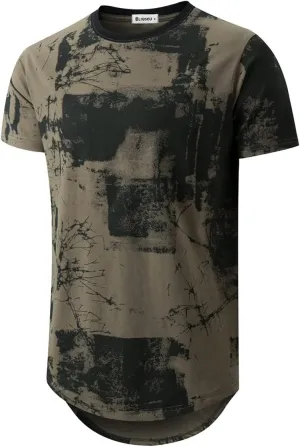 KLIEGOU Mens Hipster Hip Hop Ripped Round Hemline Pattern Print T Shirt