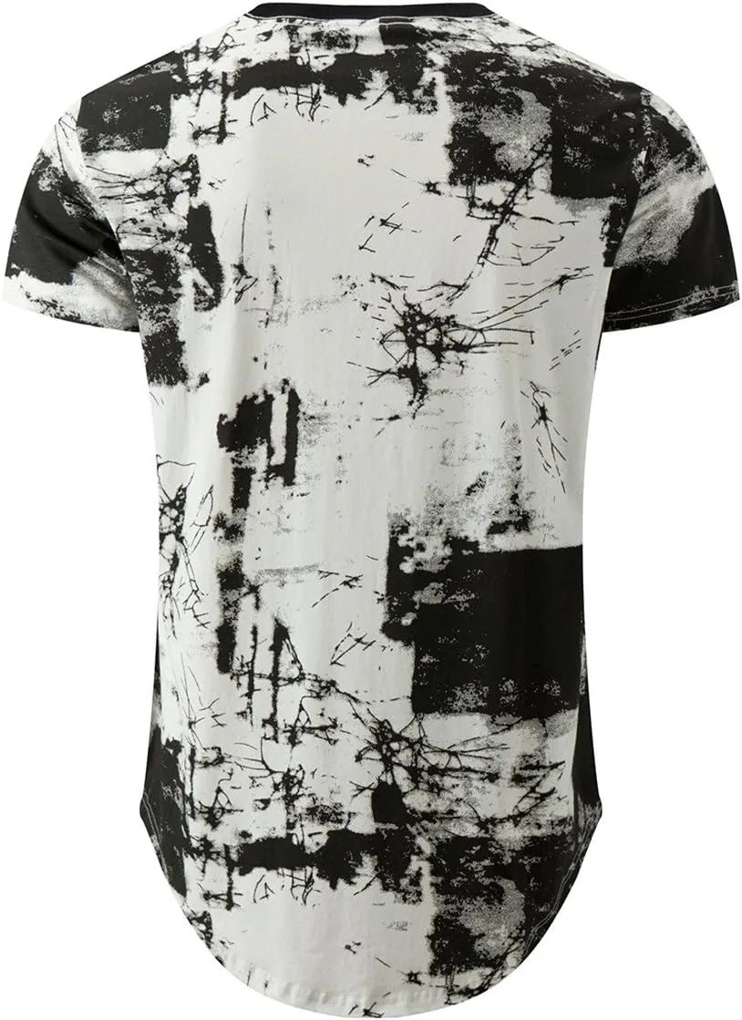 KLIEGOU Mens Hipster Hip Hop Ripped Round Hemline Pattern Print T Shirt