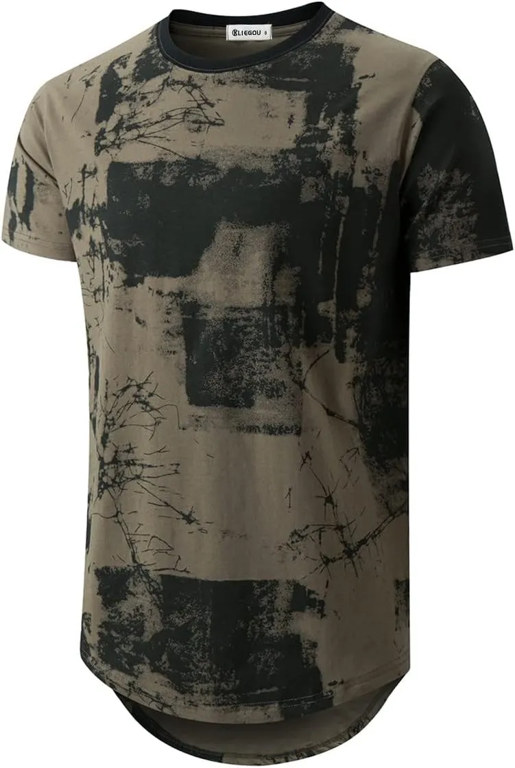 KLIEGOU Mens Hipster Hip Hop Ripped Round Hemline Pattern Print T Shirt