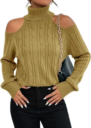 Langwyqu Womens Cold Shoulder Turtleneck Sweaters 2024 Fall Long Sleeve Soft Cable Knit Pullovers Sexy Jumper Tops