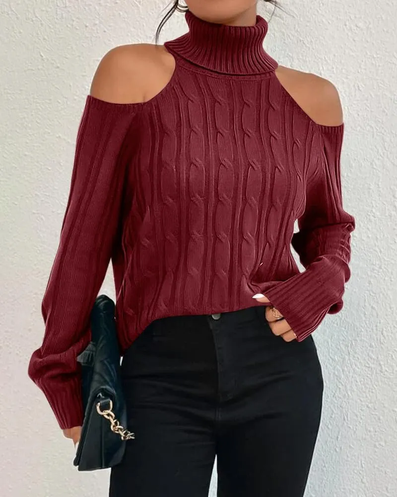 Langwyqu Womens Cold Shoulder Turtleneck Sweaters 2024 Fall Long Sleeve Soft Cable Knit Pullovers Sexy Jumper Tops