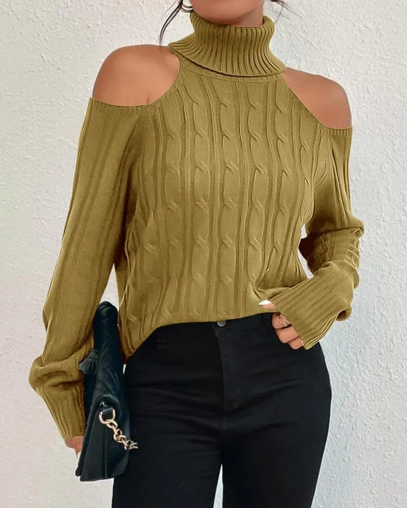 Langwyqu Womens Cold Shoulder Turtleneck Sweaters 2024 Fall Long Sleeve Soft Cable Knit Pullovers Sexy Jumper Tops