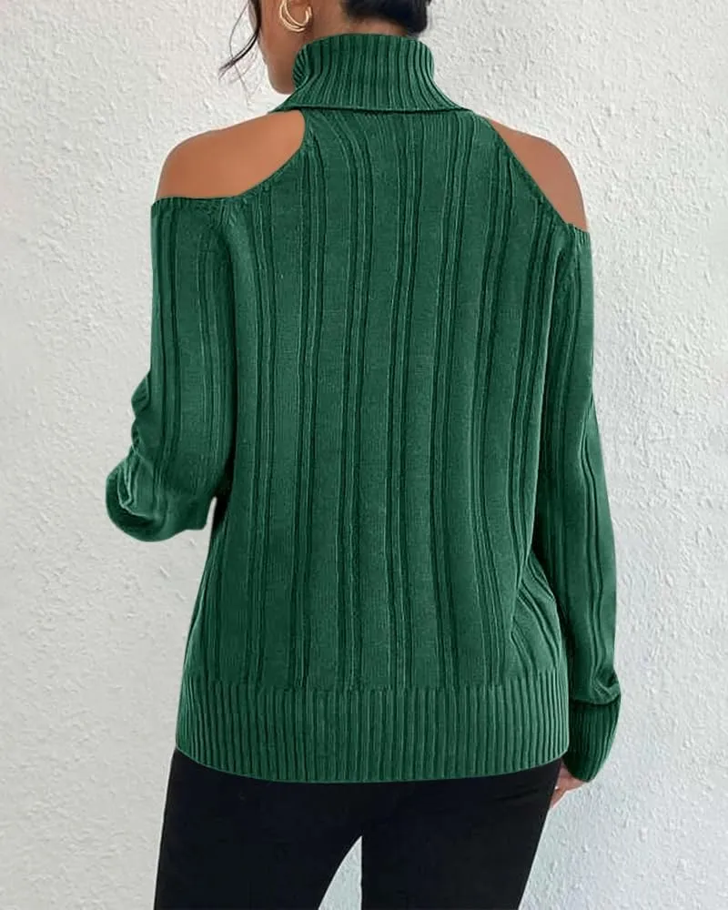 Langwyqu Womens Cold Shoulder Turtleneck Sweaters 2024 Fall Long Sleeve Soft Cable Knit Pullovers Sexy Jumper Tops