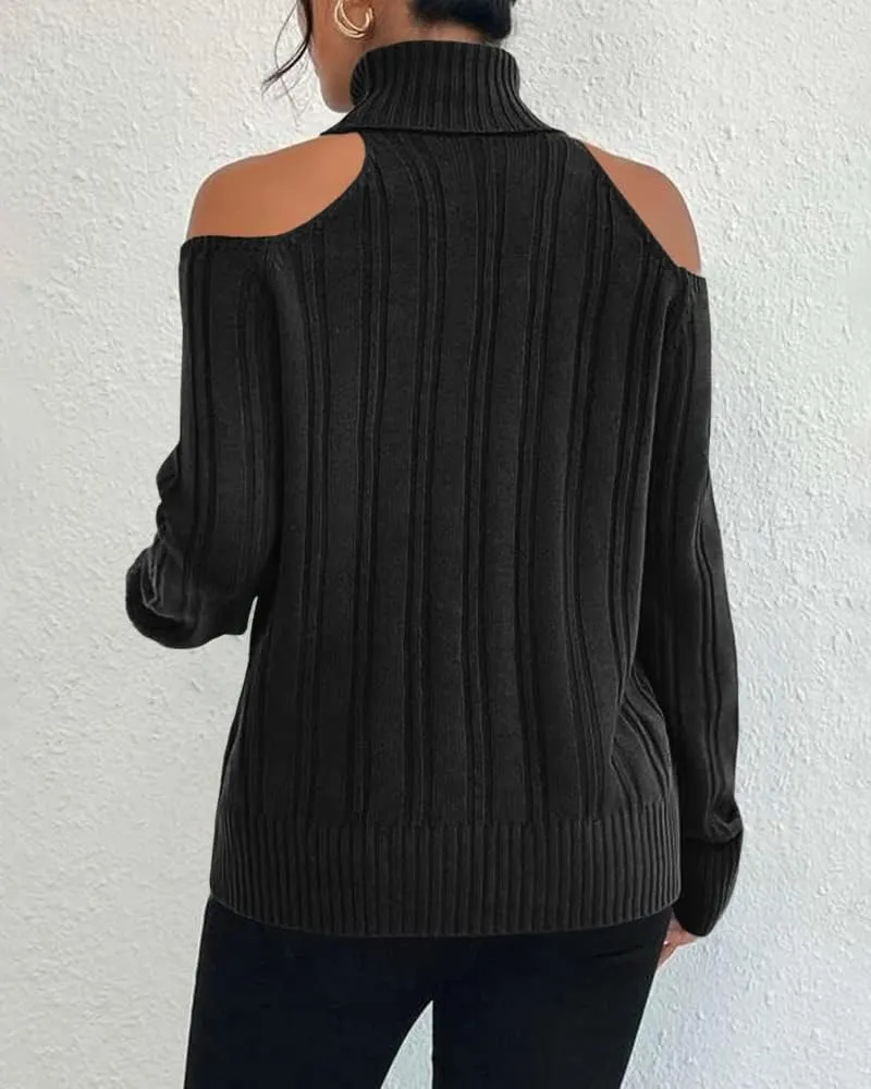 Langwyqu Womens Cold Shoulder Turtleneck Sweaters 2024 Fall Long Sleeve Soft Cable Knit Pullovers Sexy Jumper Tops