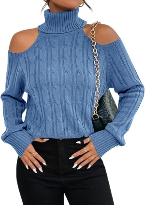 Langwyqu Womens Cold Shoulder Turtleneck Sweaters 2024 Fall Long Sleeve Soft Cable Knit Pullovers Sexy Jumper Tops