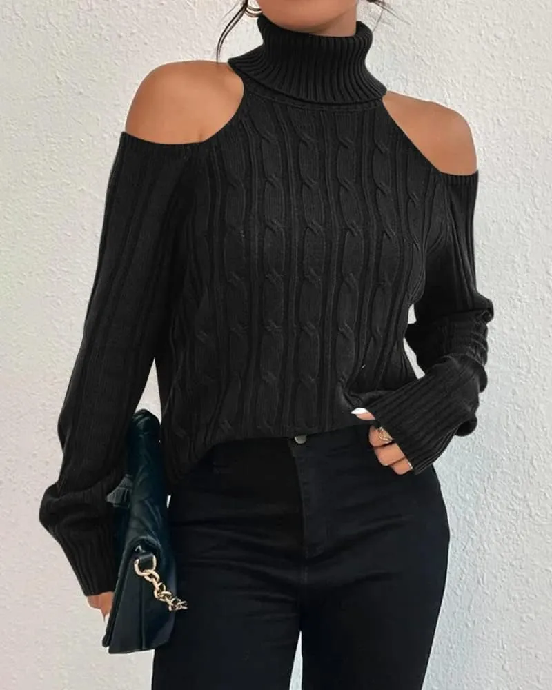 Langwyqu Womens Cold Shoulder Turtleneck Sweaters 2024 Fall Long Sleeve Soft Cable Knit Pullovers Sexy Jumper Tops