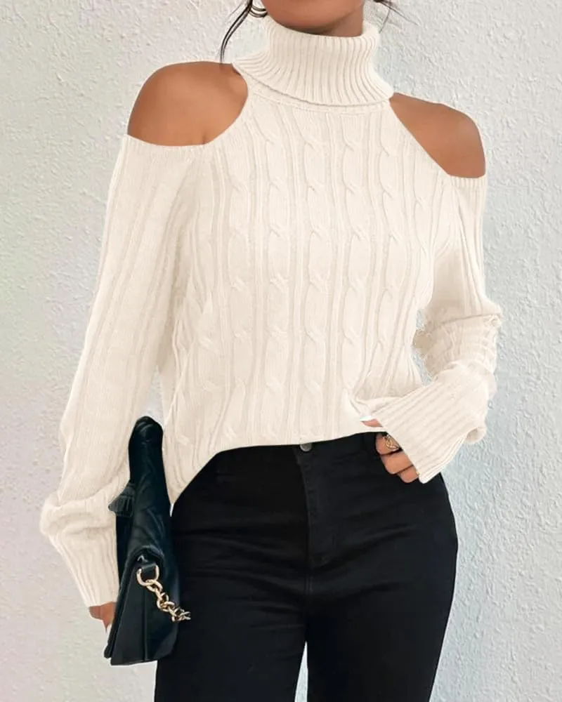 Langwyqu Womens Cold Shoulder Turtleneck Sweaters 2024 Fall Long Sleeve Soft Cable Knit Pullovers Sexy Jumper Tops