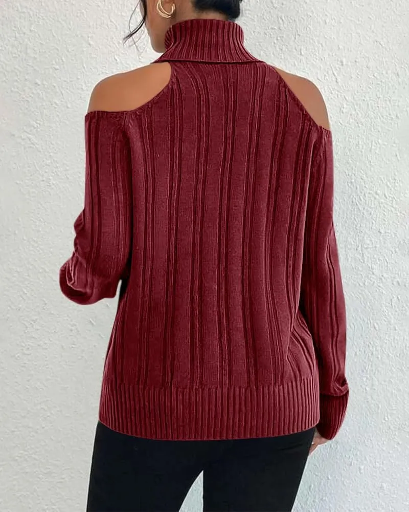 Langwyqu Womens Cold Shoulder Turtleneck Sweaters 2024 Fall Long Sleeve Soft Cable Knit Pullovers Sexy Jumper Tops