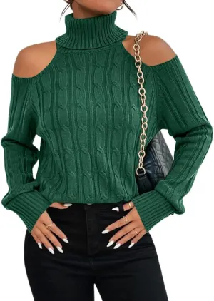 Langwyqu Womens Cold Shoulder Turtleneck Sweaters 2024 Fall Long Sleeve Soft Cable Knit Pullovers Sexy Jumper Tops