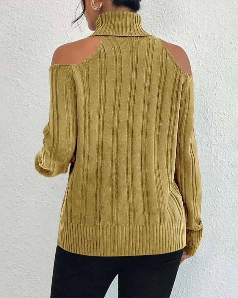 Langwyqu Womens Cold Shoulder Turtleneck Sweaters 2024 Fall Long Sleeve Soft Cable Knit Pullovers Sexy Jumper Tops