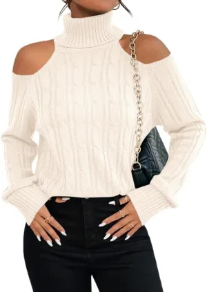 Langwyqu Womens Cold Shoulder Turtleneck Sweaters 2024 Fall Long Sleeve Soft Cable Knit Pullovers Sexy Jumper Tops