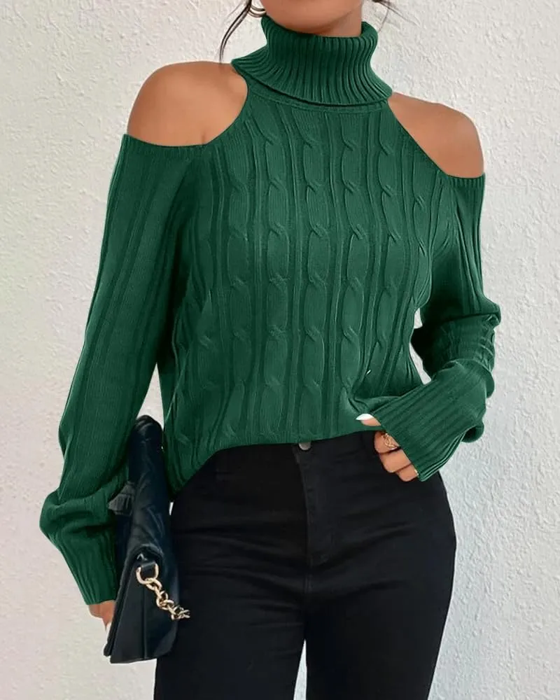 Langwyqu Womens Cold Shoulder Turtleneck Sweaters 2024 Fall Long Sleeve Soft Cable Knit Pullovers Sexy Jumper Tops