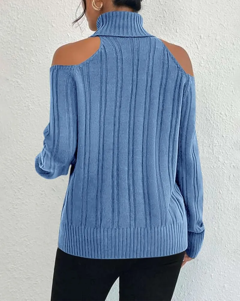 Langwyqu Womens Cold Shoulder Turtleneck Sweaters 2024 Fall Long Sleeve Soft Cable Knit Pullovers Sexy Jumper Tops
