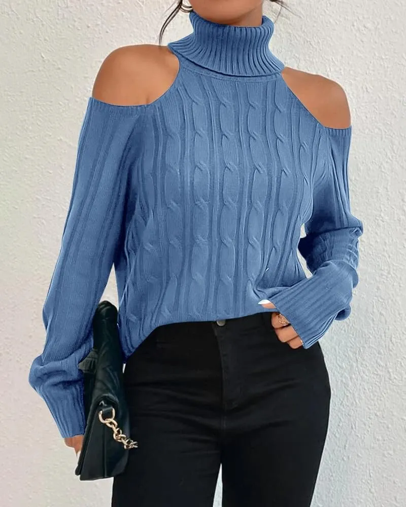 Langwyqu Womens Cold Shoulder Turtleneck Sweaters 2024 Fall Long Sleeve Soft Cable Knit Pullovers Sexy Jumper Tops