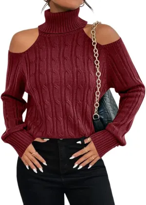 Langwyqu Womens Cold Shoulder Turtleneck Sweaters 2024 Fall Long Sleeve Soft Cable Knit Pullovers Sexy Jumper Tops