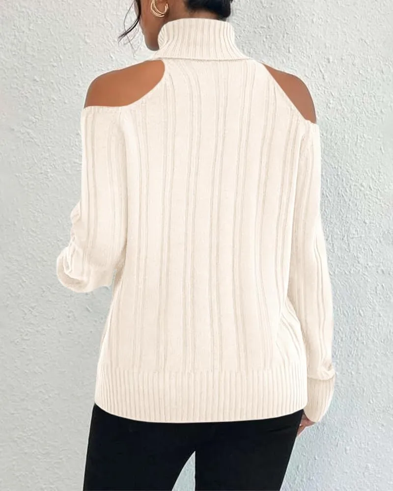 Langwyqu Womens Cold Shoulder Turtleneck Sweaters 2024 Fall Long Sleeve Soft Cable Knit Pullovers Sexy Jumper Tops