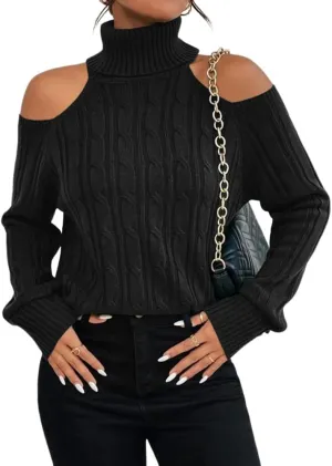 Langwyqu Womens Cold Shoulder Turtleneck Sweaters 2024 Fall Long Sleeve Soft Cable Knit Pullovers Sexy Jumper Tops