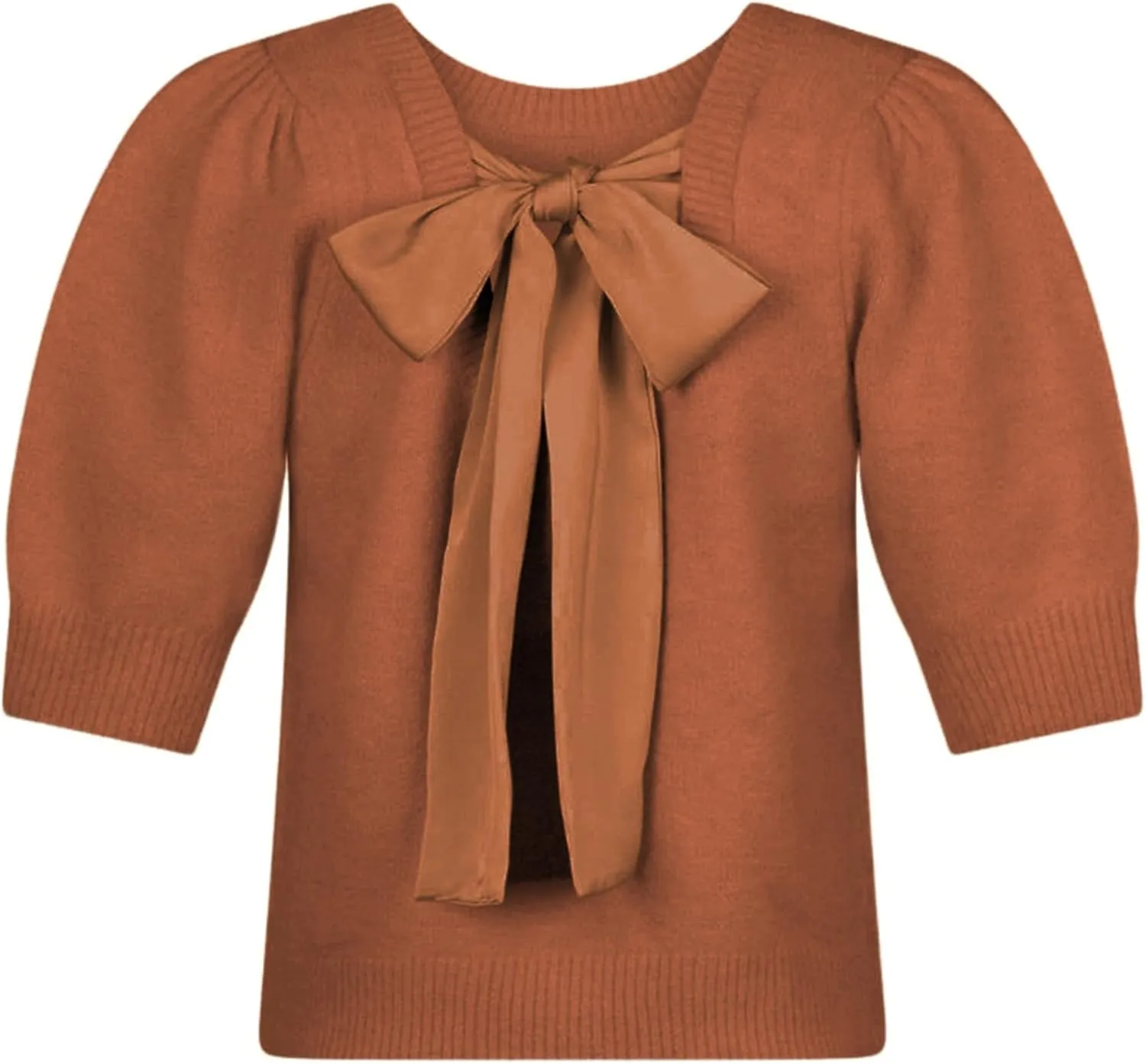 Lentta Women's Bow Knit Sweater Trendy Backless Tie Puff Short Sleeve Crewneck Knitted Pullover Tops