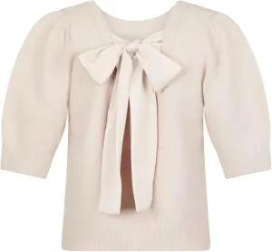 Lentta Women's Bow Knit Sweater Trendy Backless Tie Puff Short Sleeve Crewneck Knitted Pullover Tops