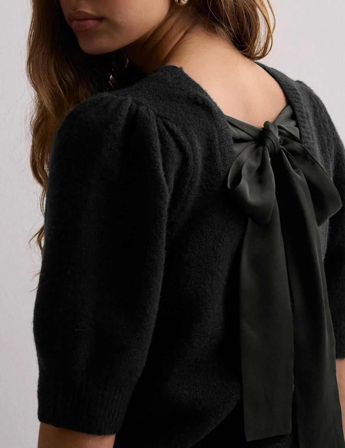 Lentta Women's Bow Knit Sweater Trendy Backless Tie Puff Short Sleeve Crewneck Knitted Pullover Tops