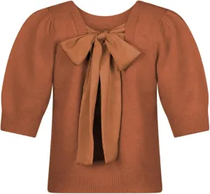 Lentta Women's Bow Knit Sweater Trendy Backless Tie Puff Short Sleeve Crewneck Knitted Pullover Tops