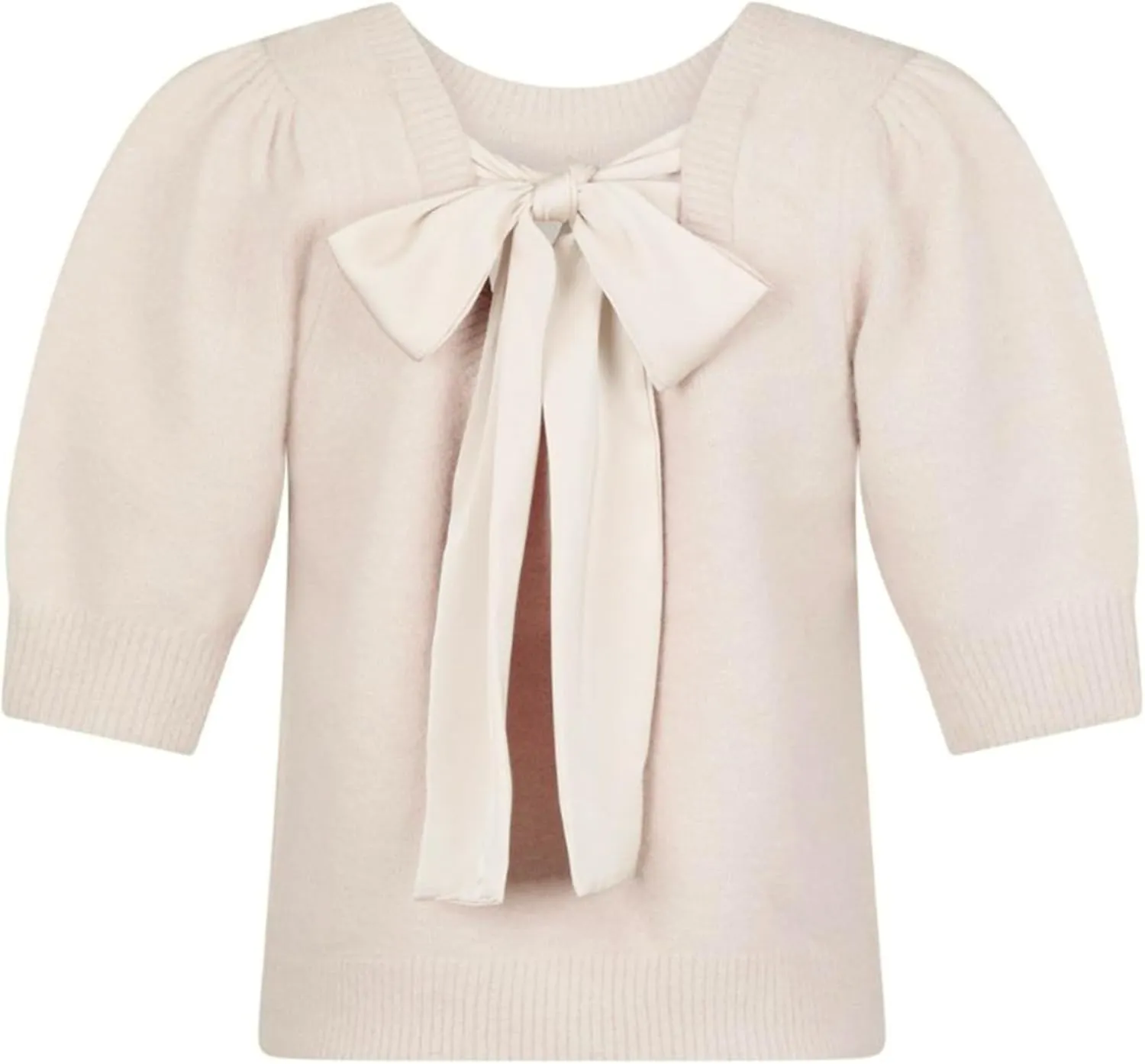 Lentta Women's Bow Knit Sweater Trendy Backless Tie Puff Short Sleeve Crewneck Knitted Pullover Tops