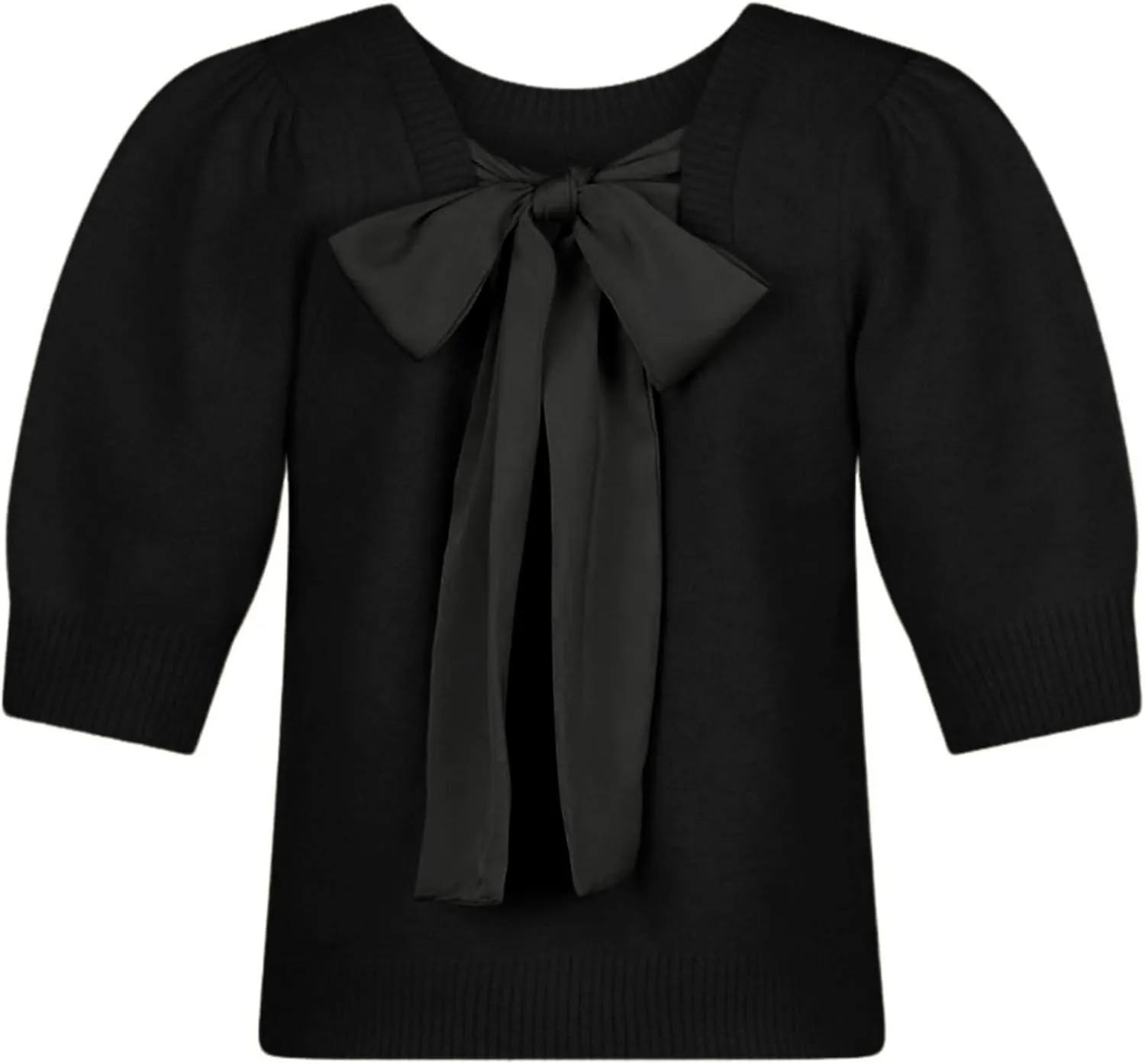 Lentta Women's Bow Knit Sweater Trendy Backless Tie Puff Short Sleeve Crewneck Knitted Pullover Tops