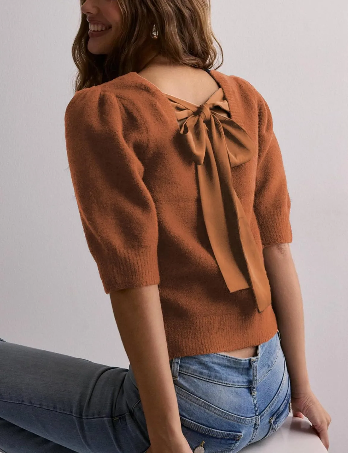 Lentta Women's Bow Knit Sweater Trendy Backless Tie Puff Short Sleeve Crewneck Knitted Pullover Tops