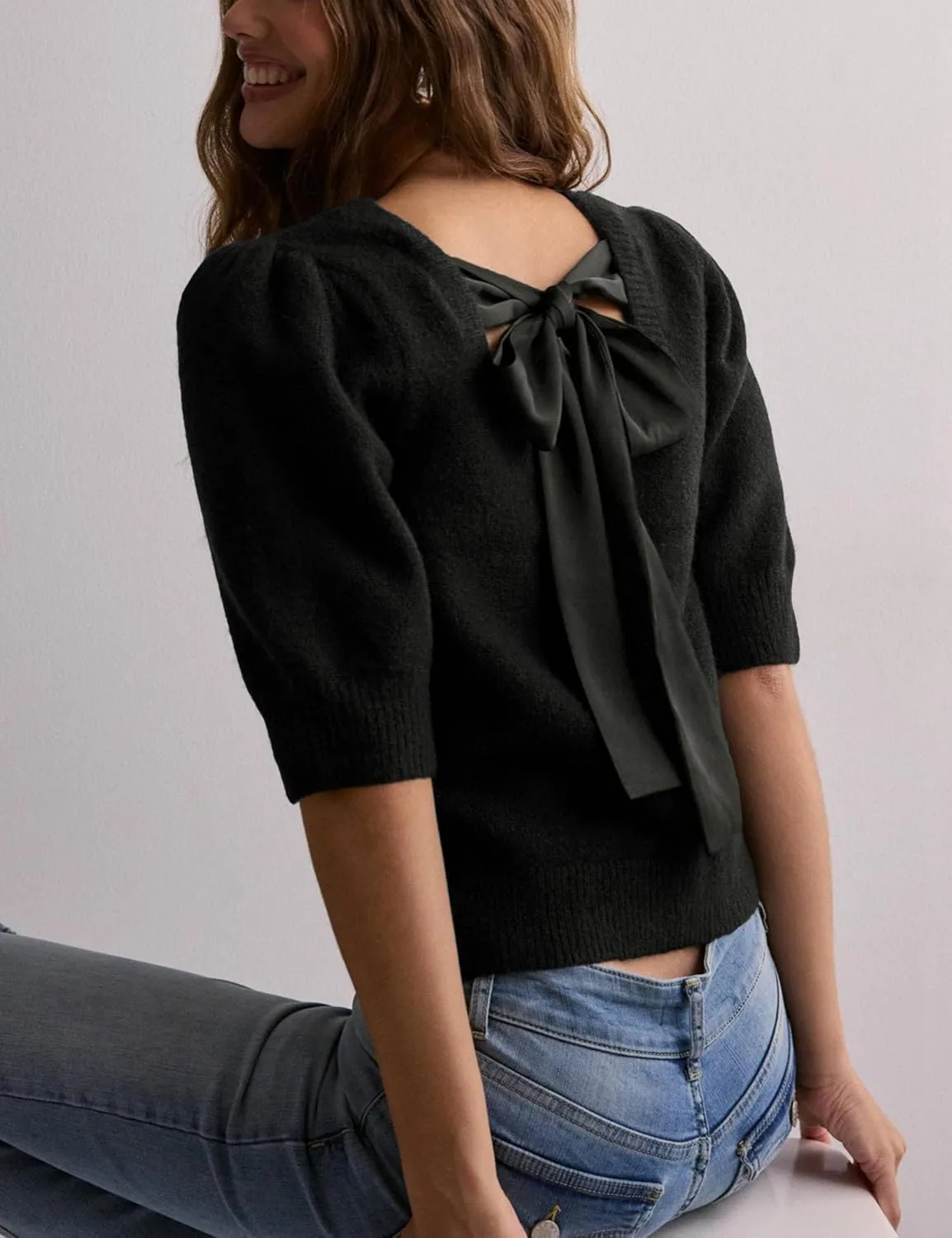 Lentta Women's Bow Knit Sweater Trendy Backless Tie Puff Short Sleeve Crewneck Knitted Pullover Tops