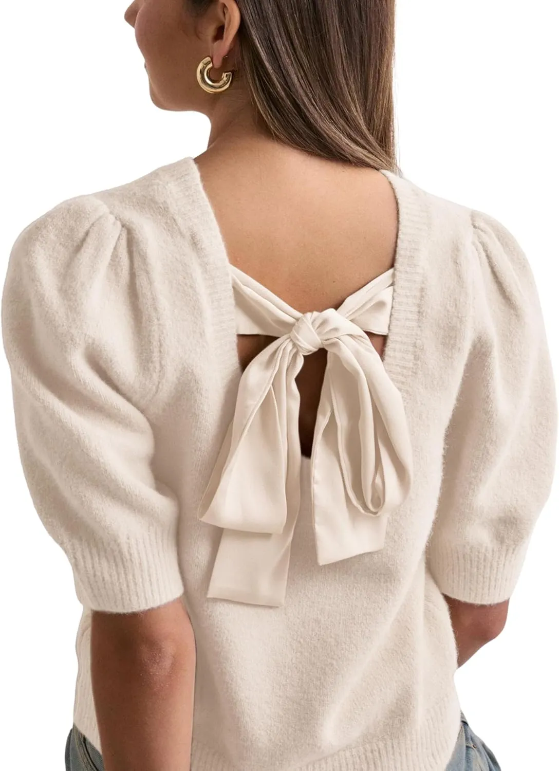 Lentta Women's Bow Knit Sweater Trendy Backless Tie Puff Short Sleeve Crewneck Knitted Pullover Tops