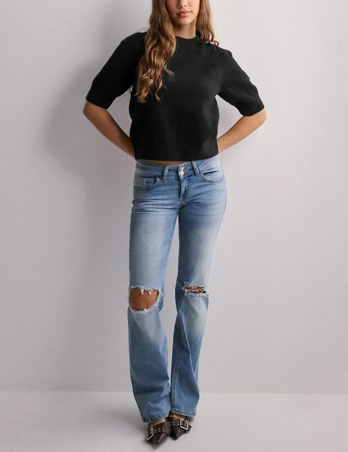 Lentta Women's Bow Knit Sweater Trendy Backless Tie Puff Short Sleeve Crewneck Knitted Pullover Tops