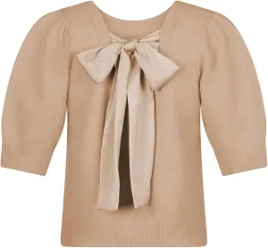 Lentta Women's Bow Knit Sweater Trendy Backless Tie Puff Short Sleeve Crewneck Knitted Pullover Tops