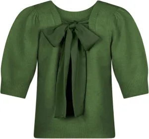 Lentta Women's Bow Knit Sweater Trendy Backless Tie Puff Short Sleeve Crewneck Knitted Pullover Tops