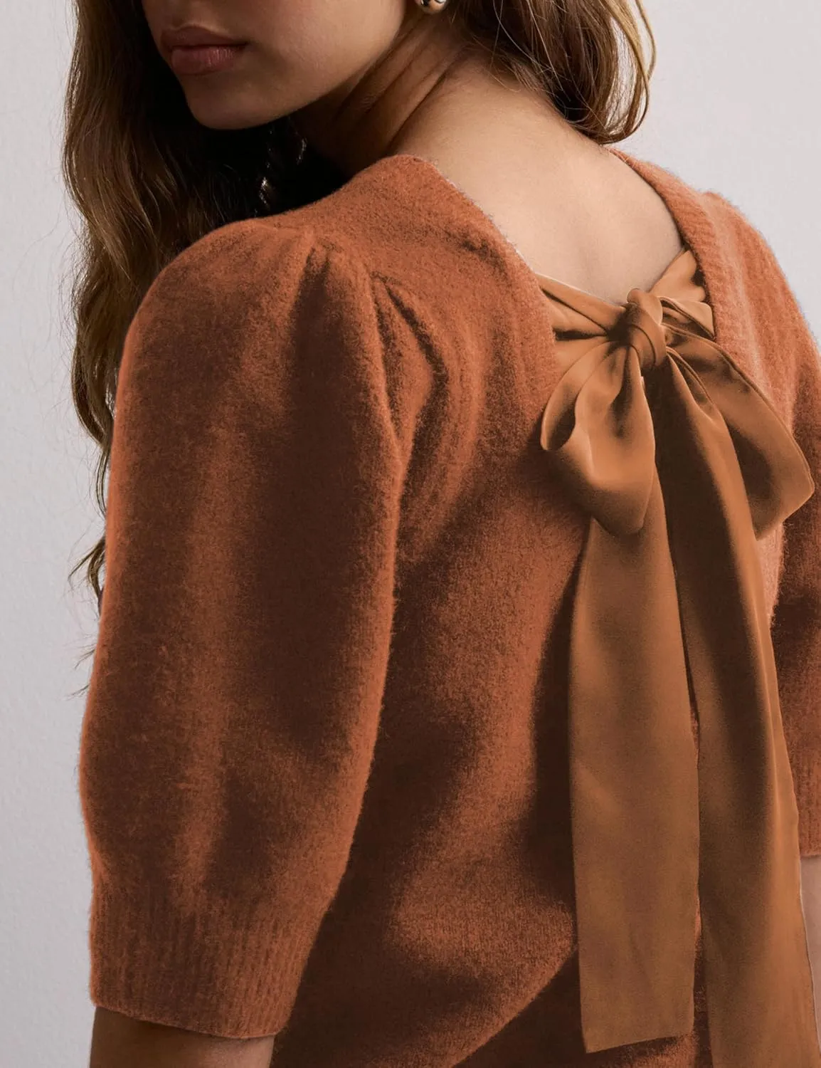 Lentta Women's Bow Knit Sweater Trendy Backless Tie Puff Short Sleeve Crewneck Knitted Pullover Tops