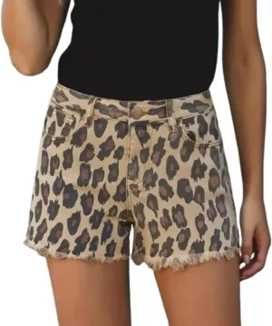 Leopard Print Cut Off Mini Straight Leg Denim Jean Shorts High Waist Vintage Casual Trendy Summer Jorts