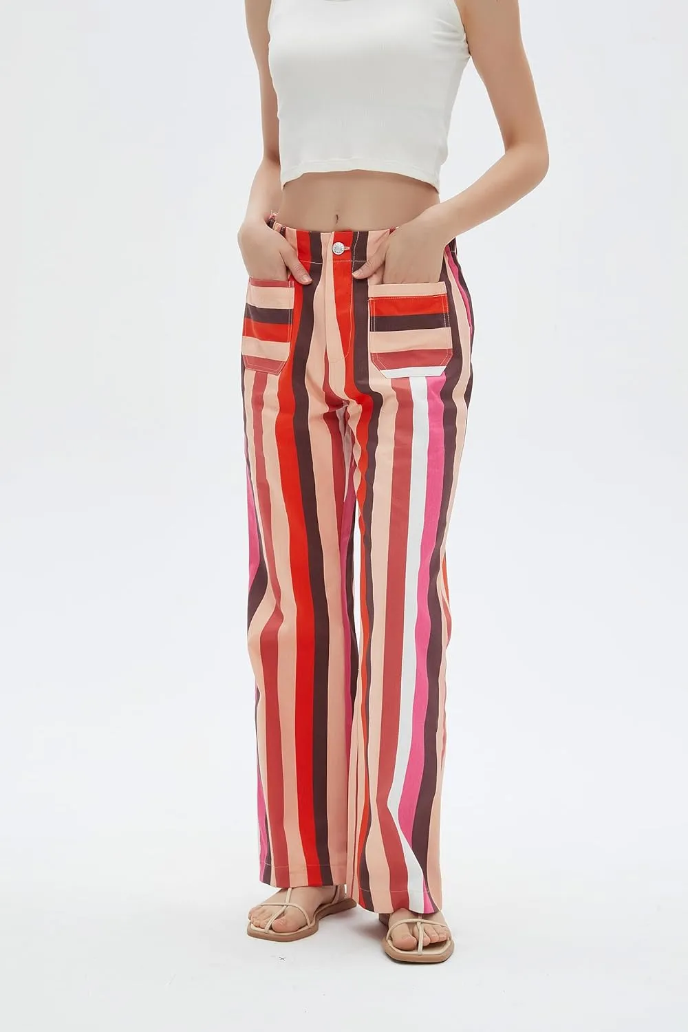 LifeShe Womens Striped Pant Casual High Waisted Straight Leg Denim Pants Trouser