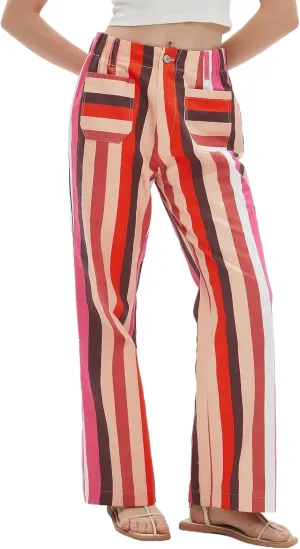 LifeShe Womens Striped Pant Casual High Waisted Straight Leg Denim Pants Trouser