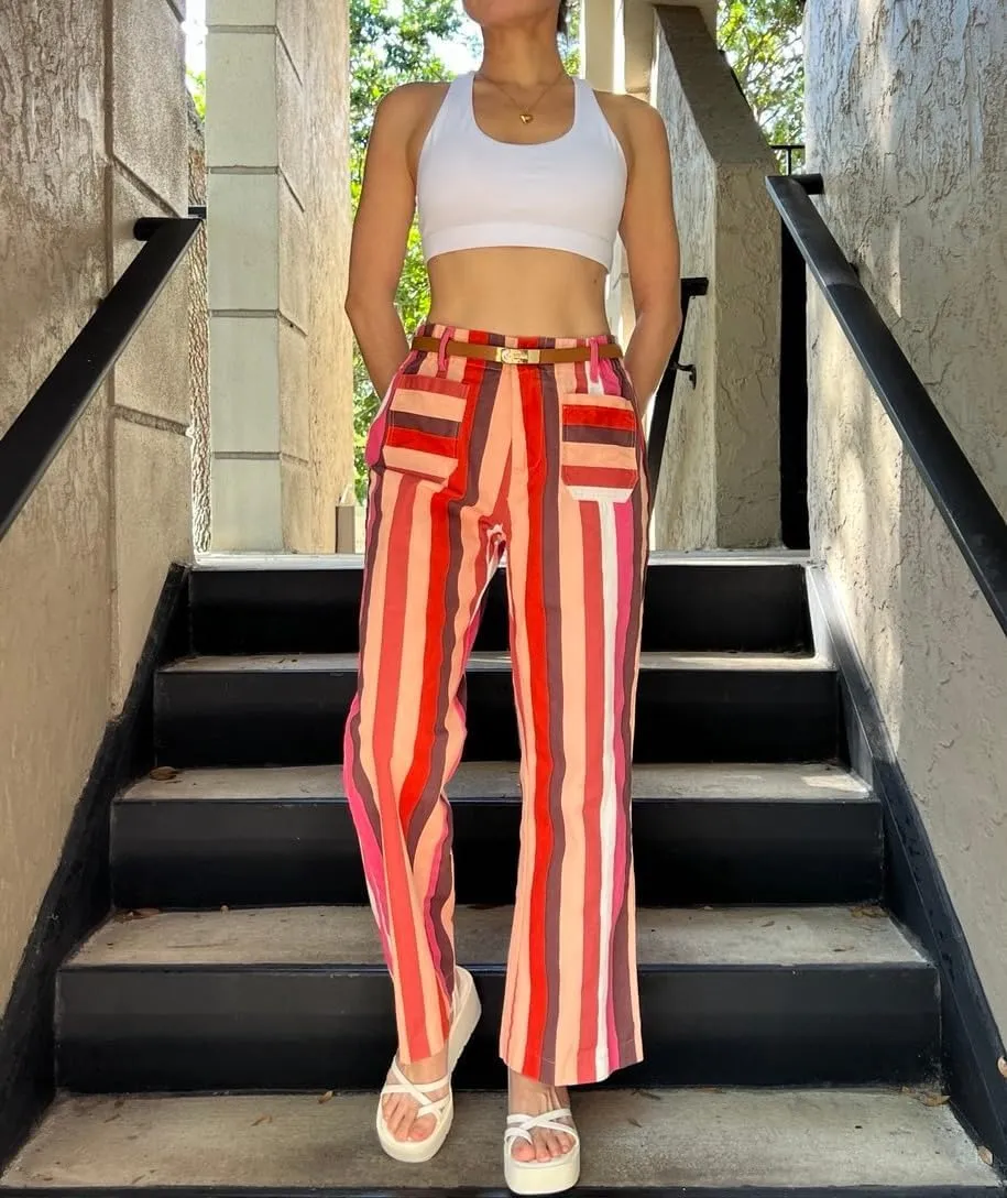 LifeShe Womens Striped Pant Casual High Waisted Straight Leg Denim Pants Trouser