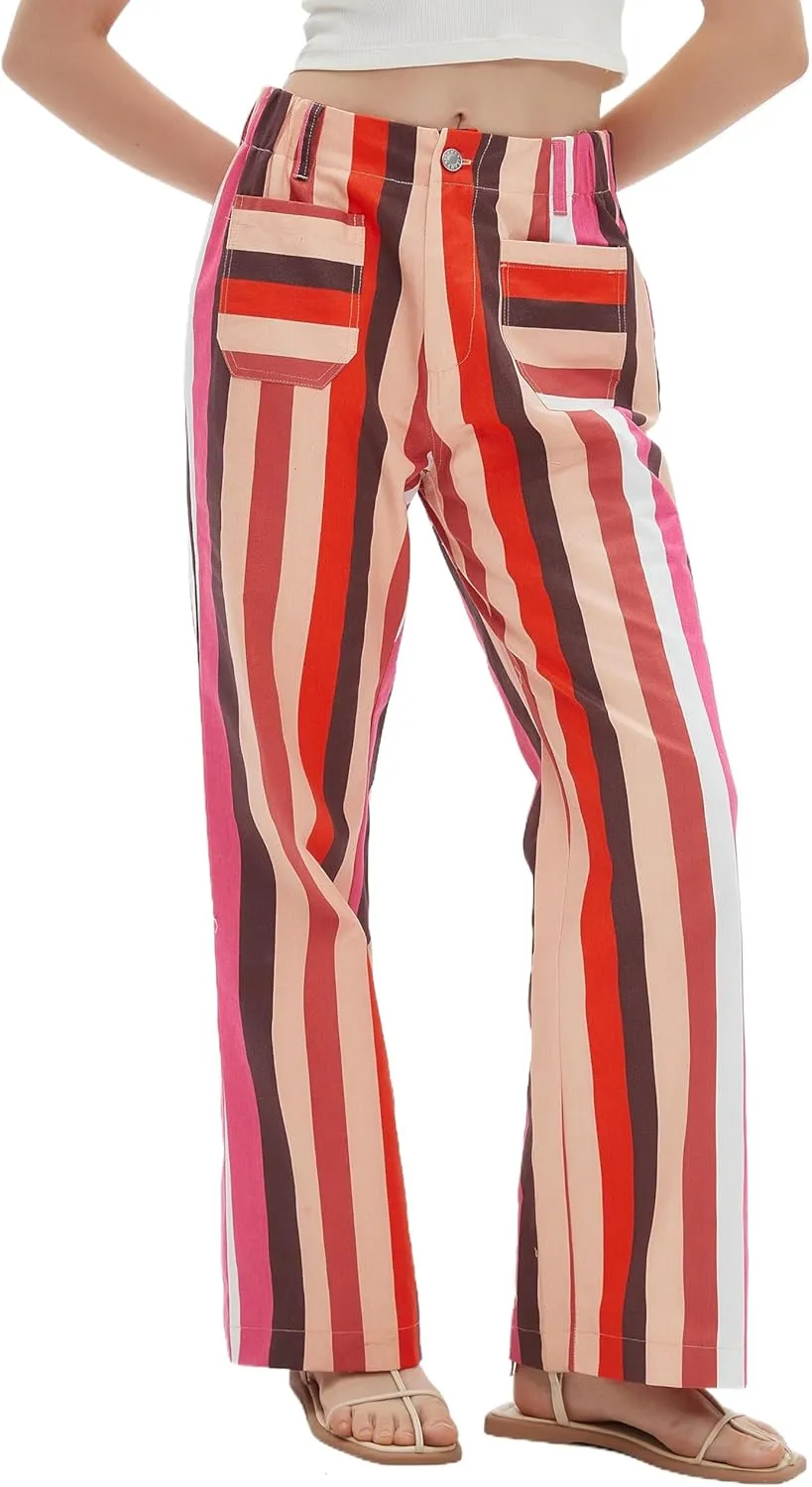 LifeShe Womens Striped Pant Casual High Waisted Straight Leg Denim Pants Trouser