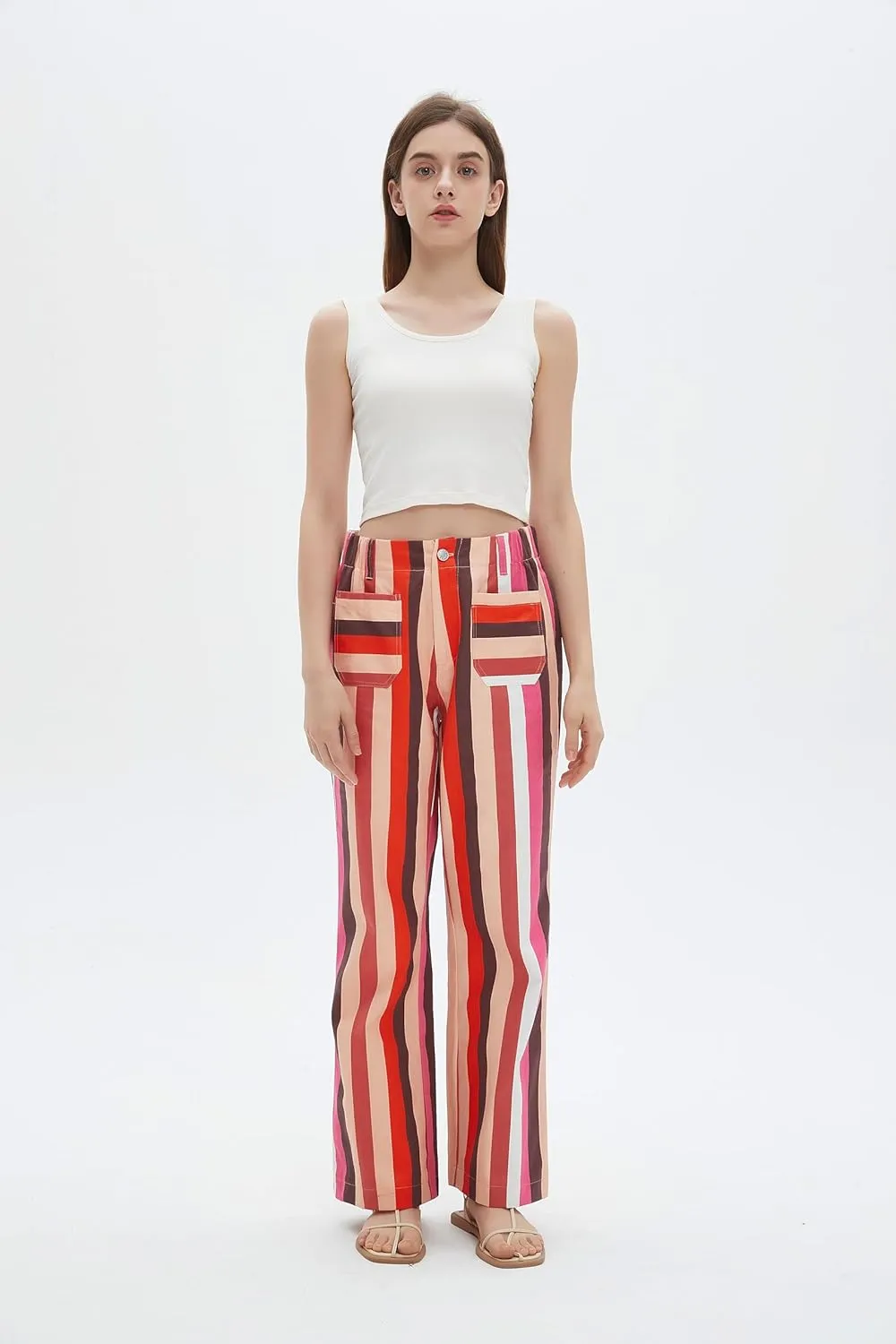 LifeShe Womens Striped Pant Casual High Waisted Straight Leg Denim Pants Trouser
